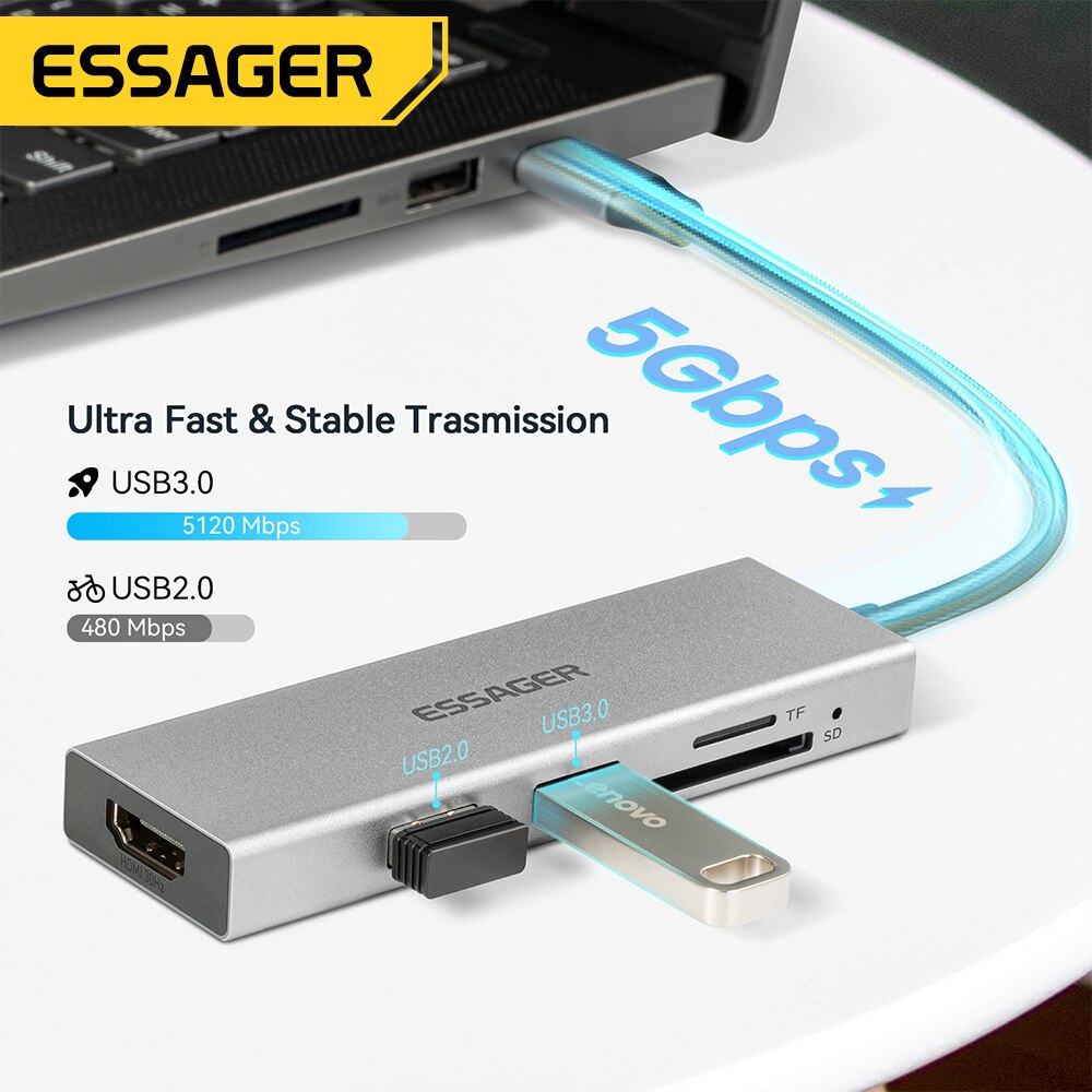Essager 5 في 1 USB C HUB HDMI- - مراجعة Usb Hub Type C وسعره